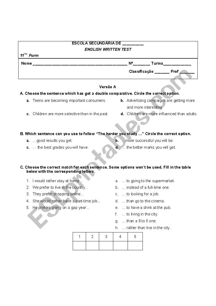 11th grade - grammar test worksheet
