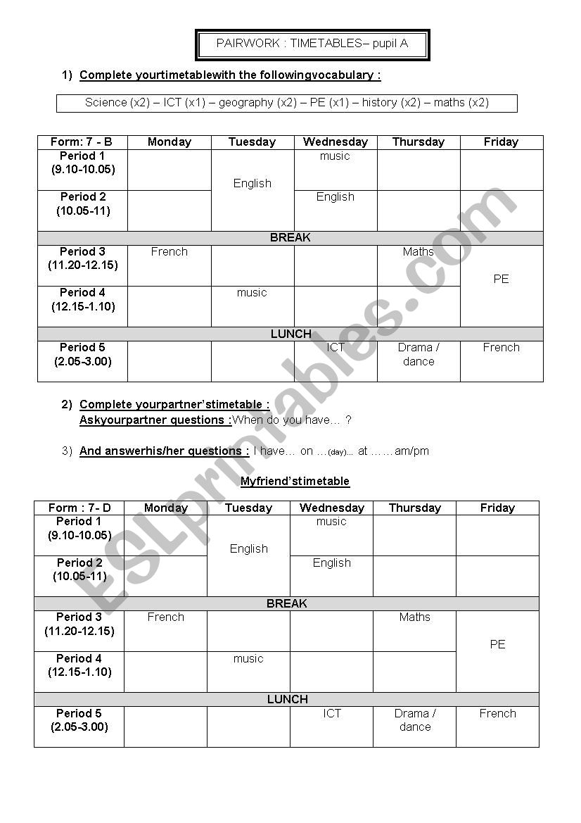 TIMETABLES - ENGLISH SCHOOLS - PAIWORK