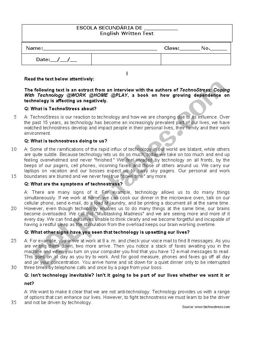 test - world of work worksheet