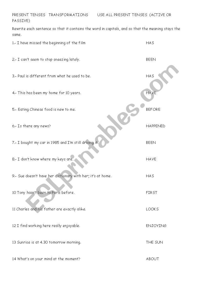 Transformations Present Verb Tenses