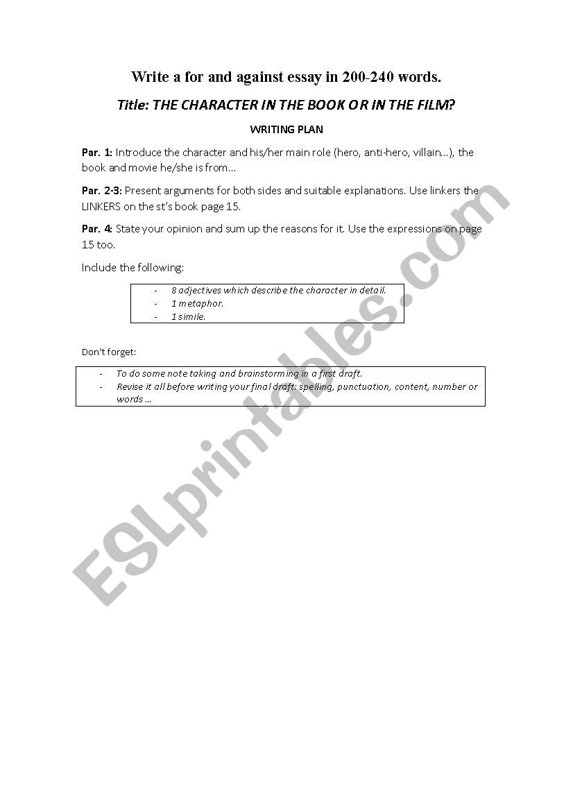 For and against Writint task worksheet