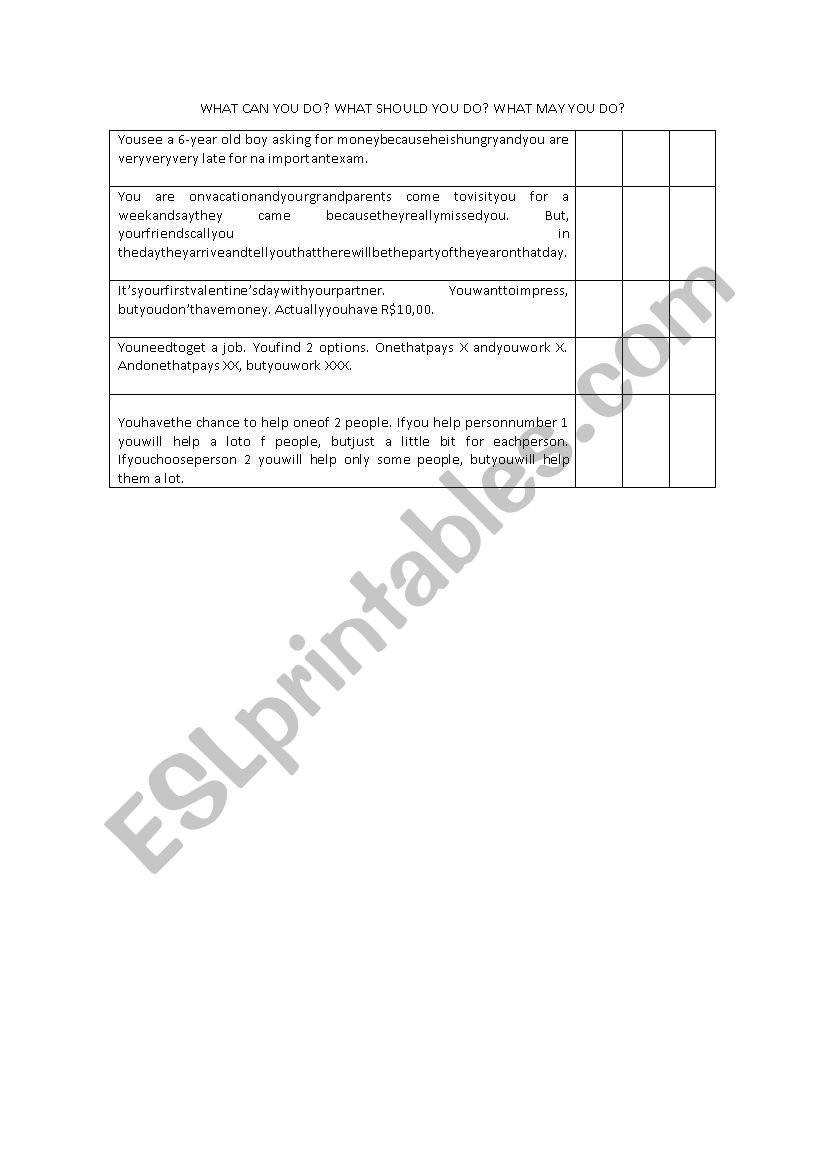 MODAL VERBS REAL SITUATIONS worksheet