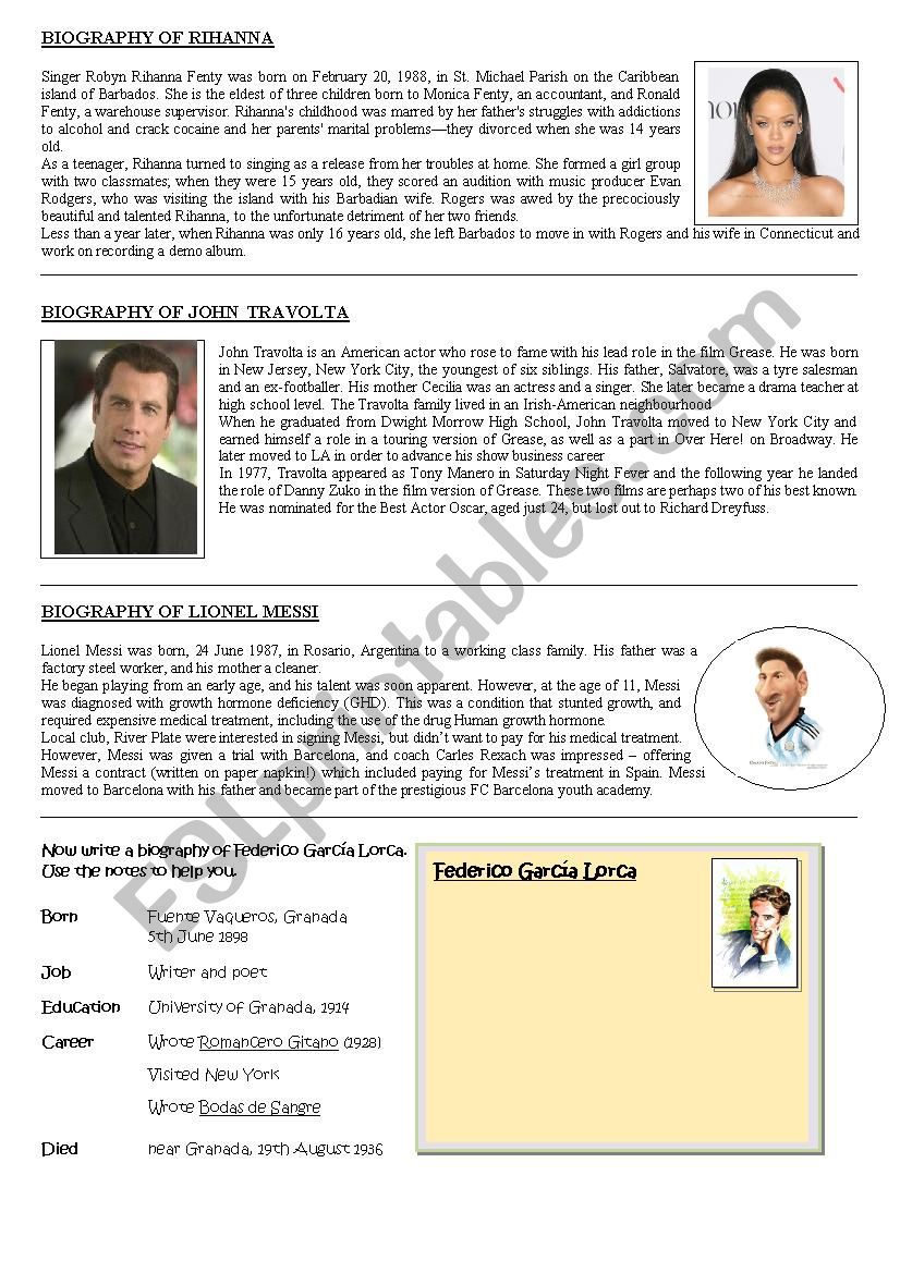 Biographies of famouse people worksheet