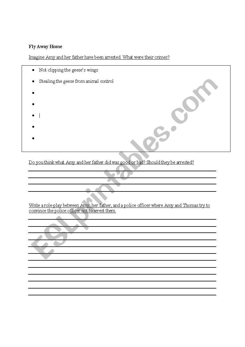 Fly Away Home - Roleplay worksheet