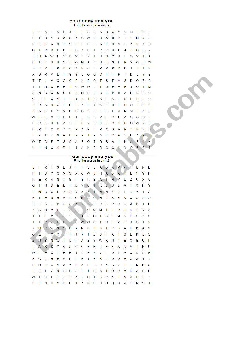 Body parts and health word search with answer