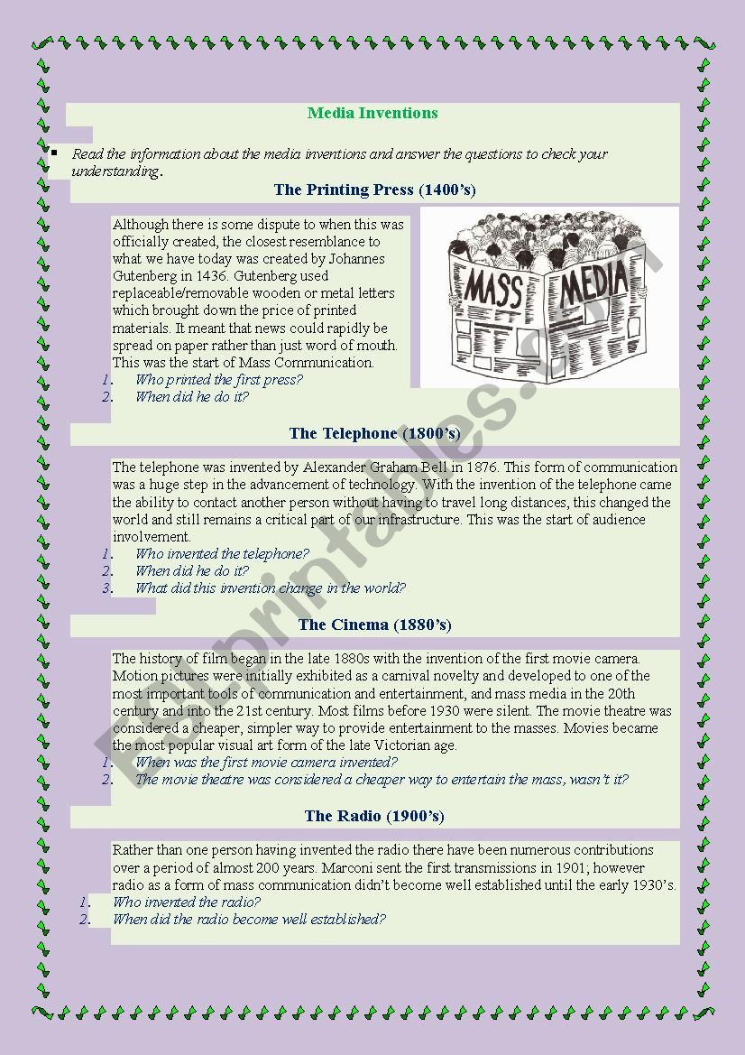 Media Inventions worksheet