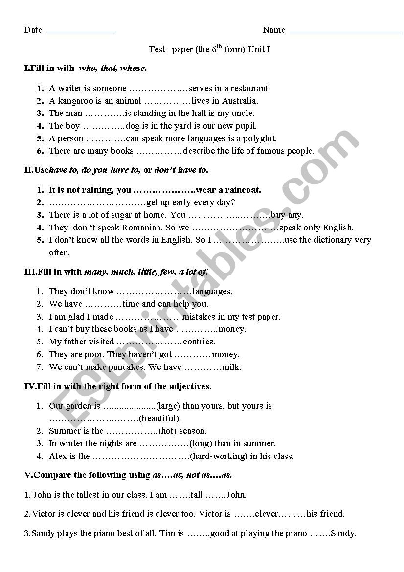 test worksheet