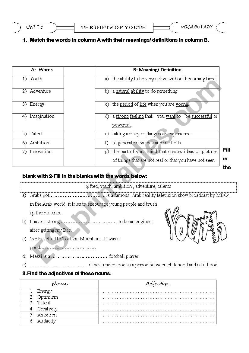 Vocabulary items worksheet