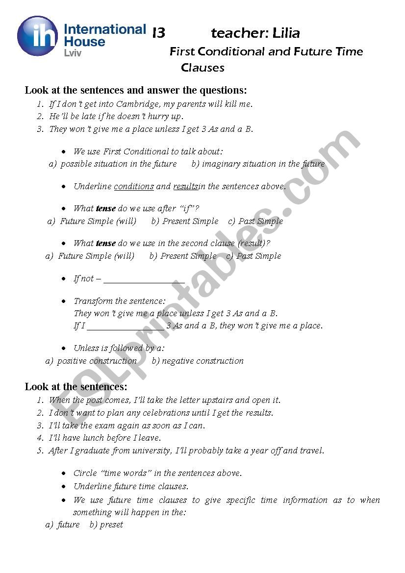 First Conditional & Future Time Clauses guided discovery
