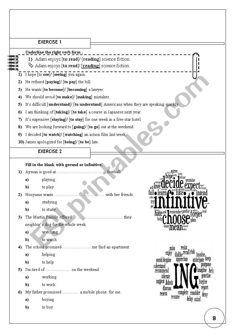 Gerund or infinitive Exercise worksheet