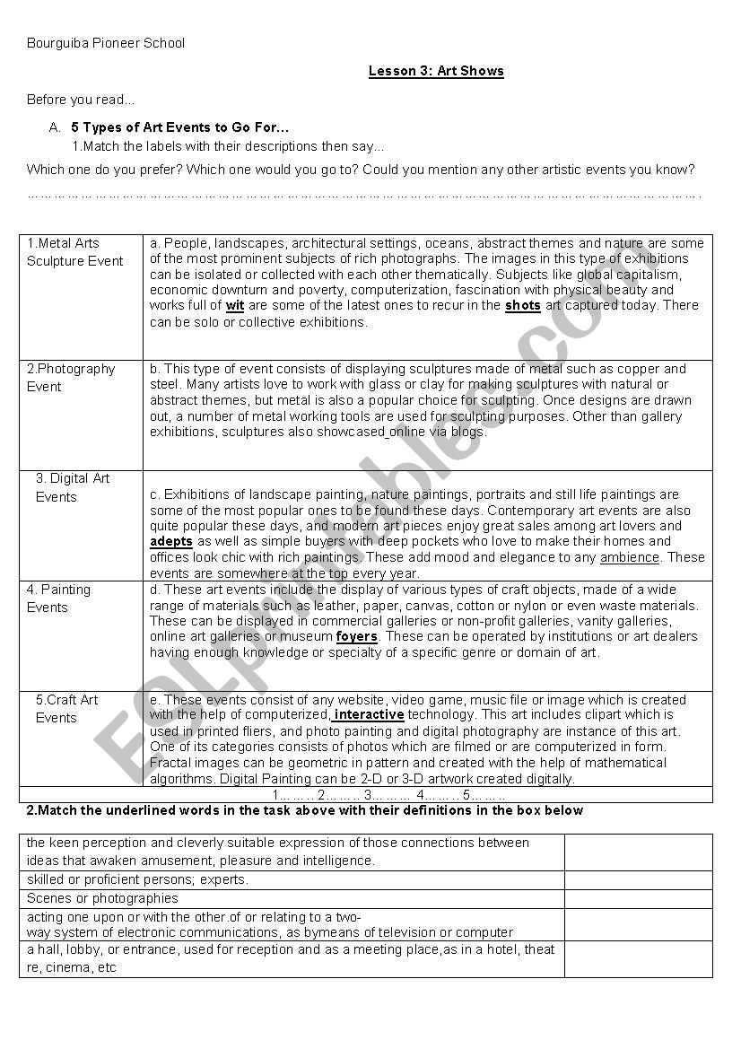 art shows worksheet