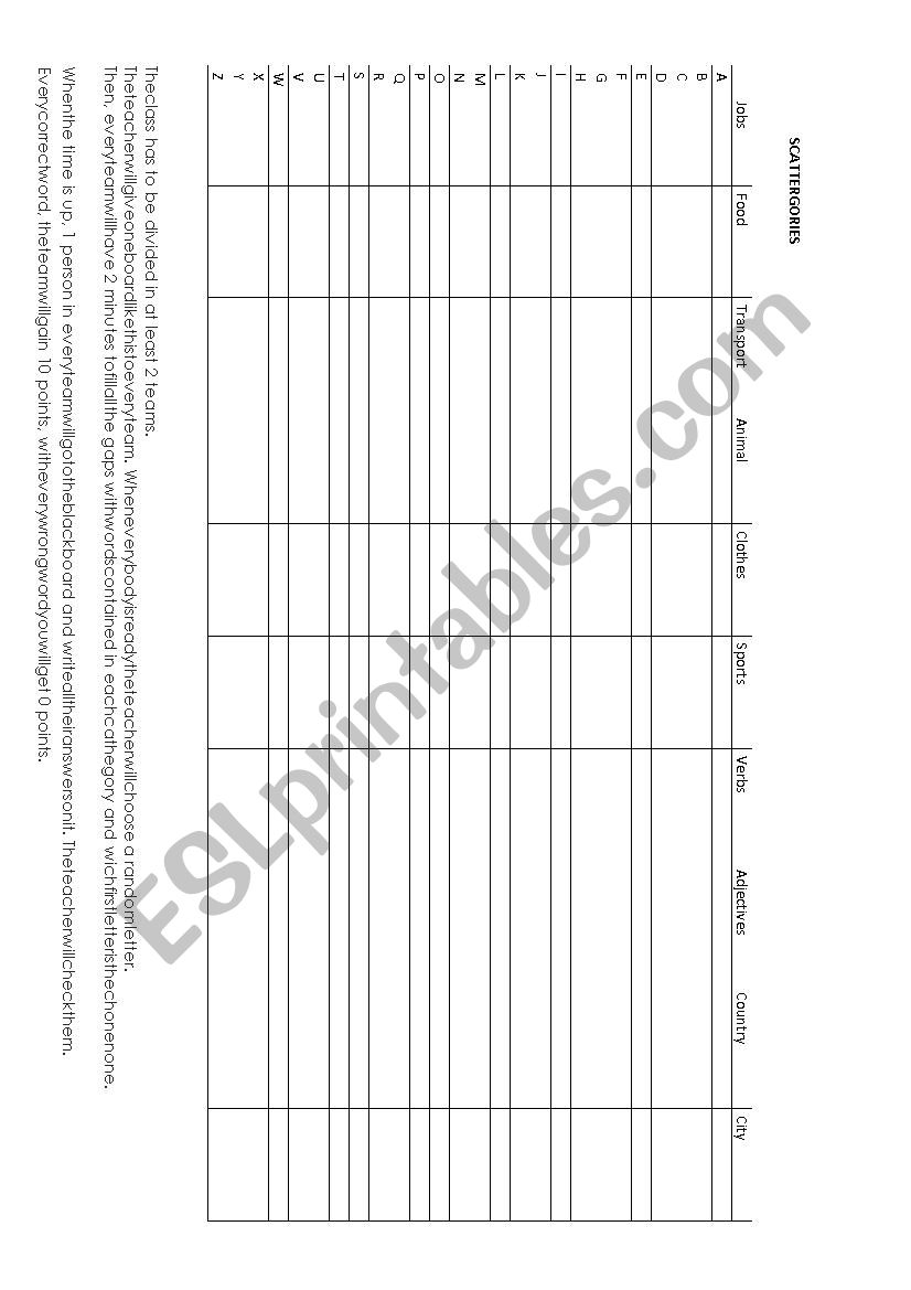 Scattergories Activity (Vocabulary)