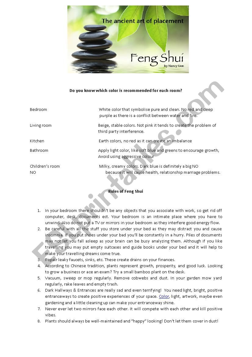 Feng Shui 3 pages worksheet