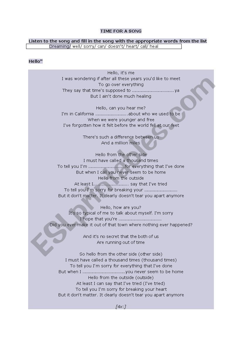 hello by adele worksheet