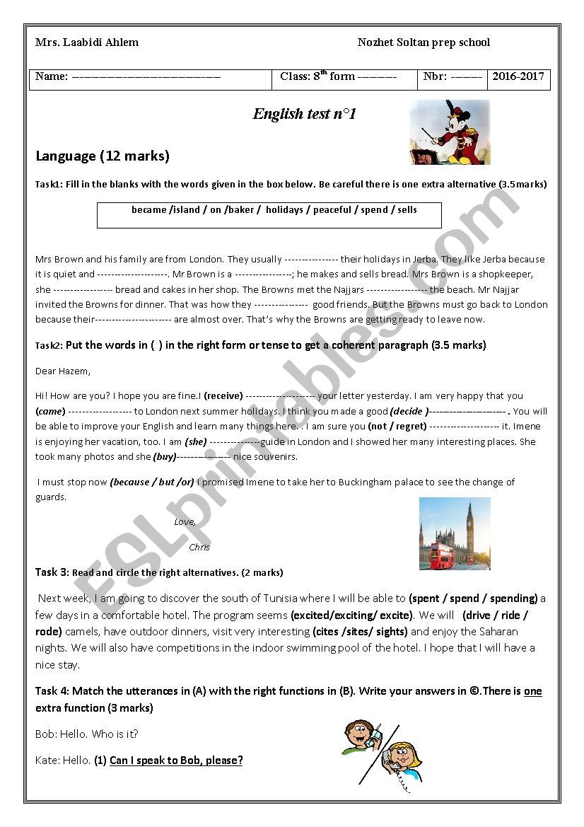 8th form test worksheet