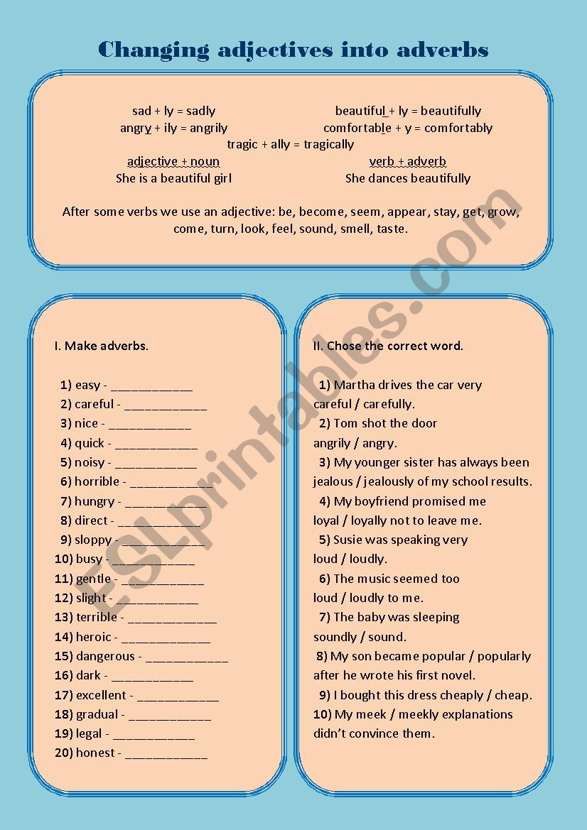 Changing Adjectives To Adverbs Worksheet