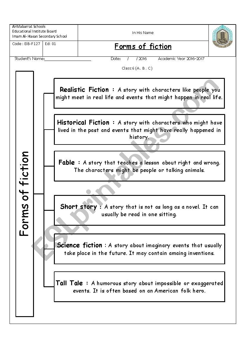 Forms of fiction worksheet