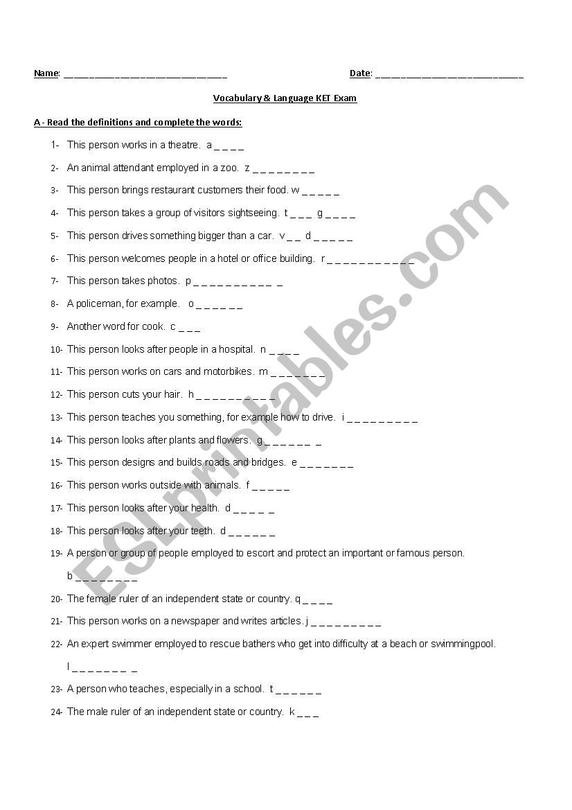 Jobs & Professions Exam worksheet