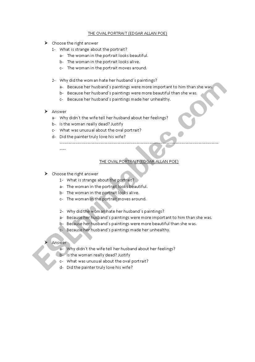 The Oval Portrait, Poe worksheet