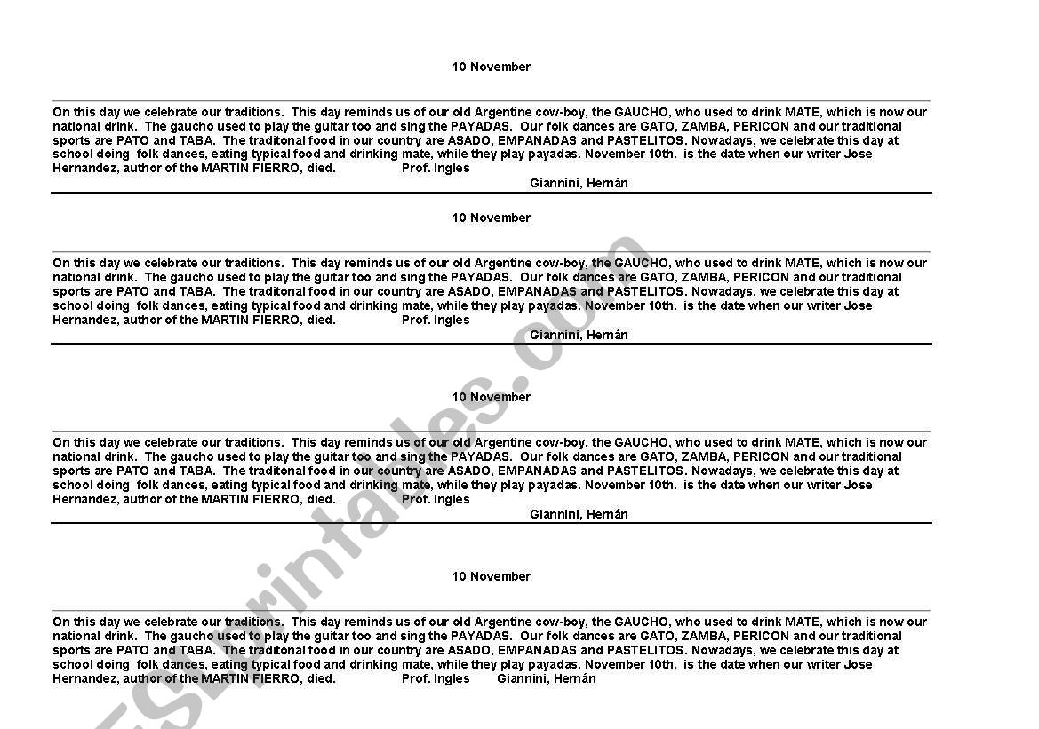 tradition day in Argentina worksheet