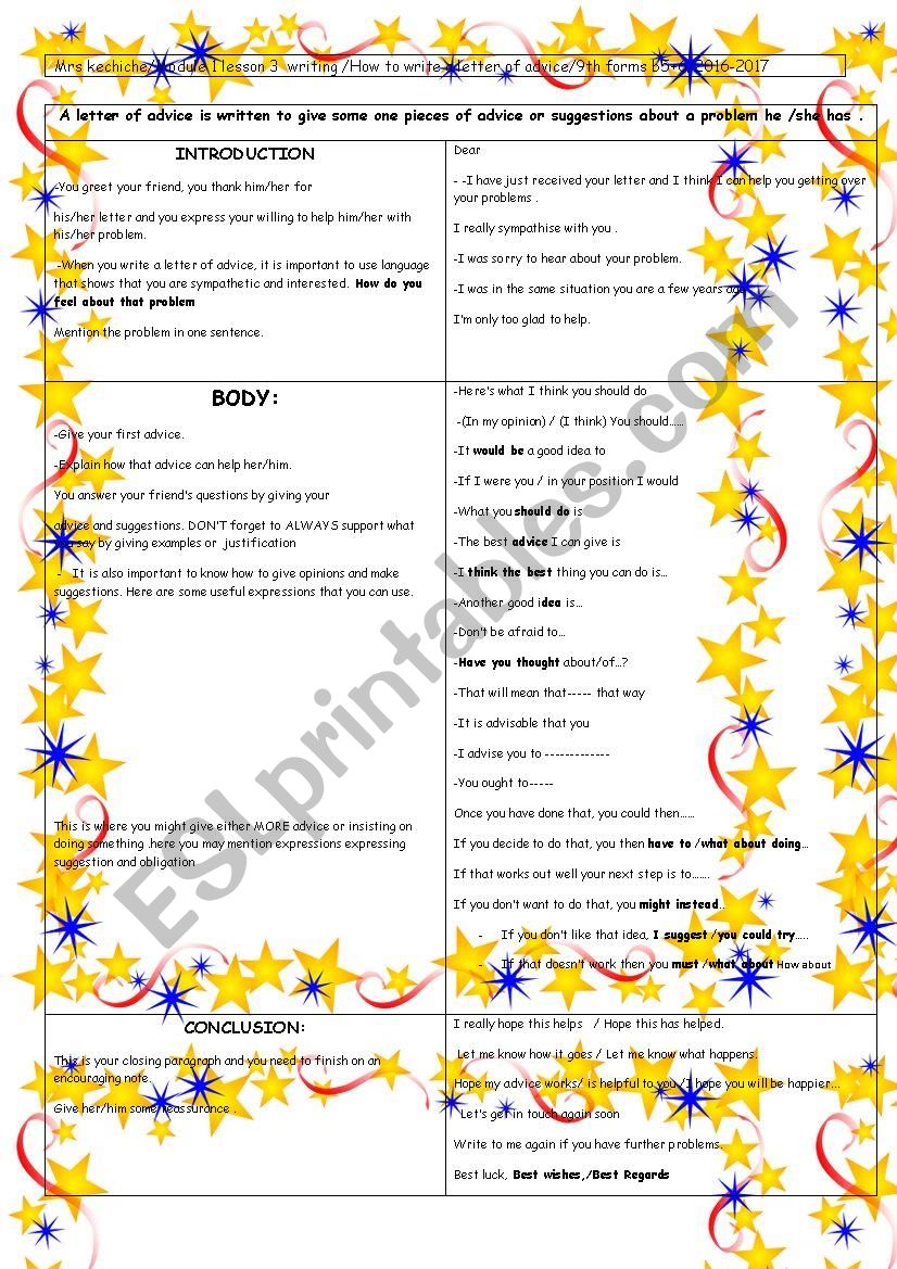 9th module 1 lesson 3 generatuin gap :how to write a letter of advice 