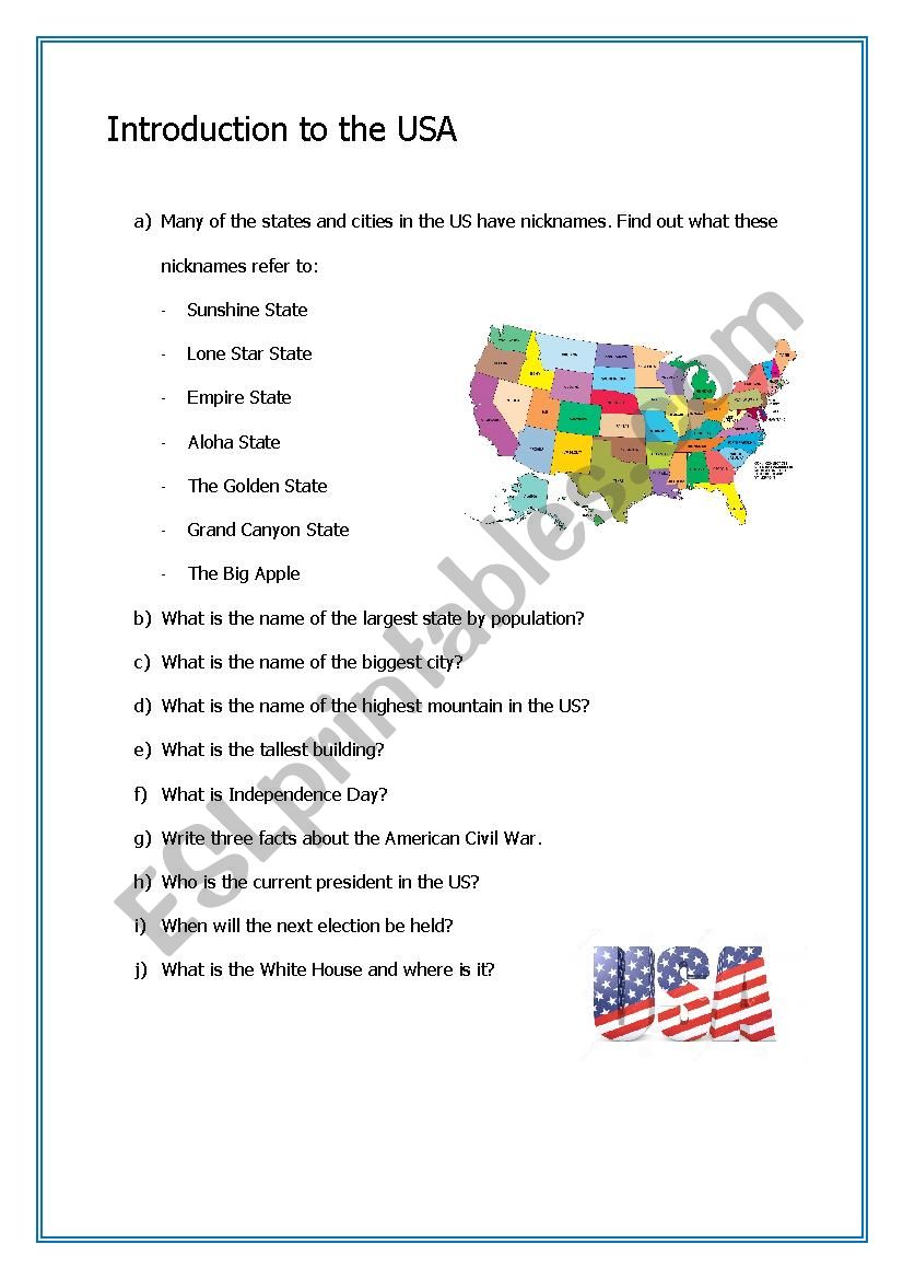 Introduction to the USA worksheet