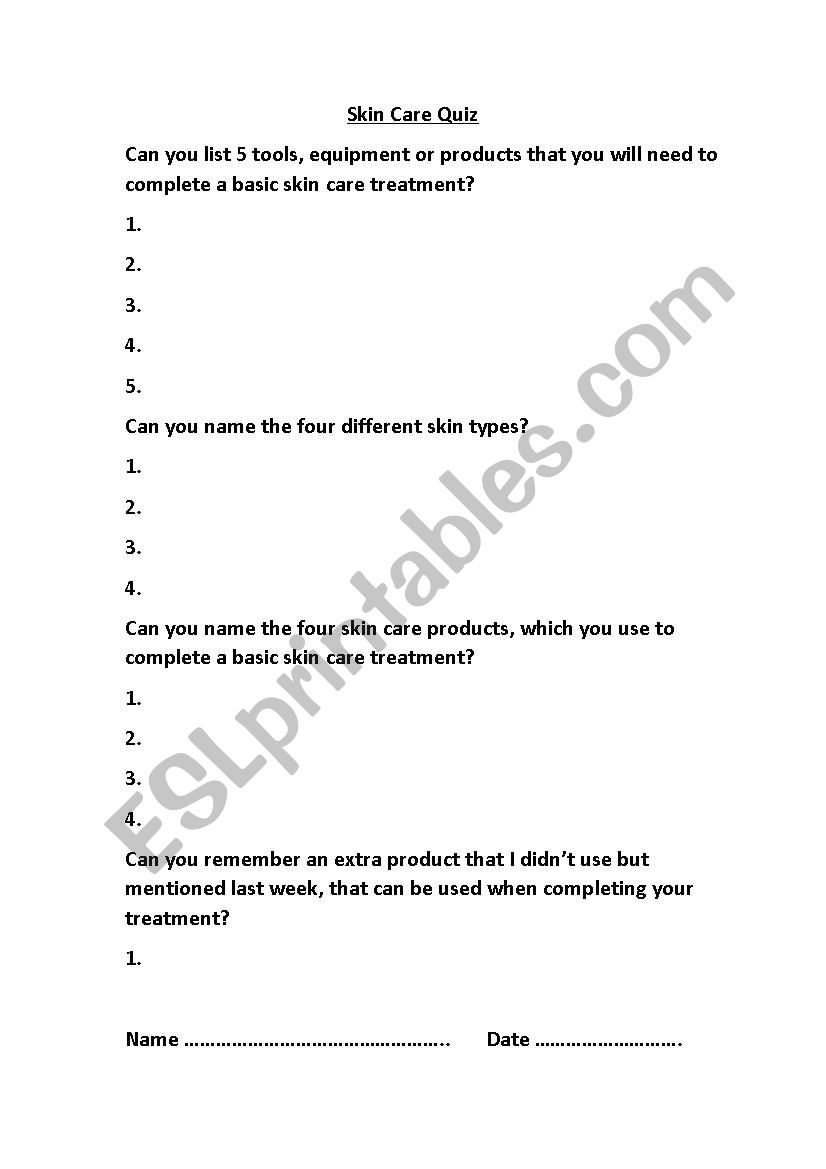 Skin Care Quiz Esl Worksheet By Katybrennan