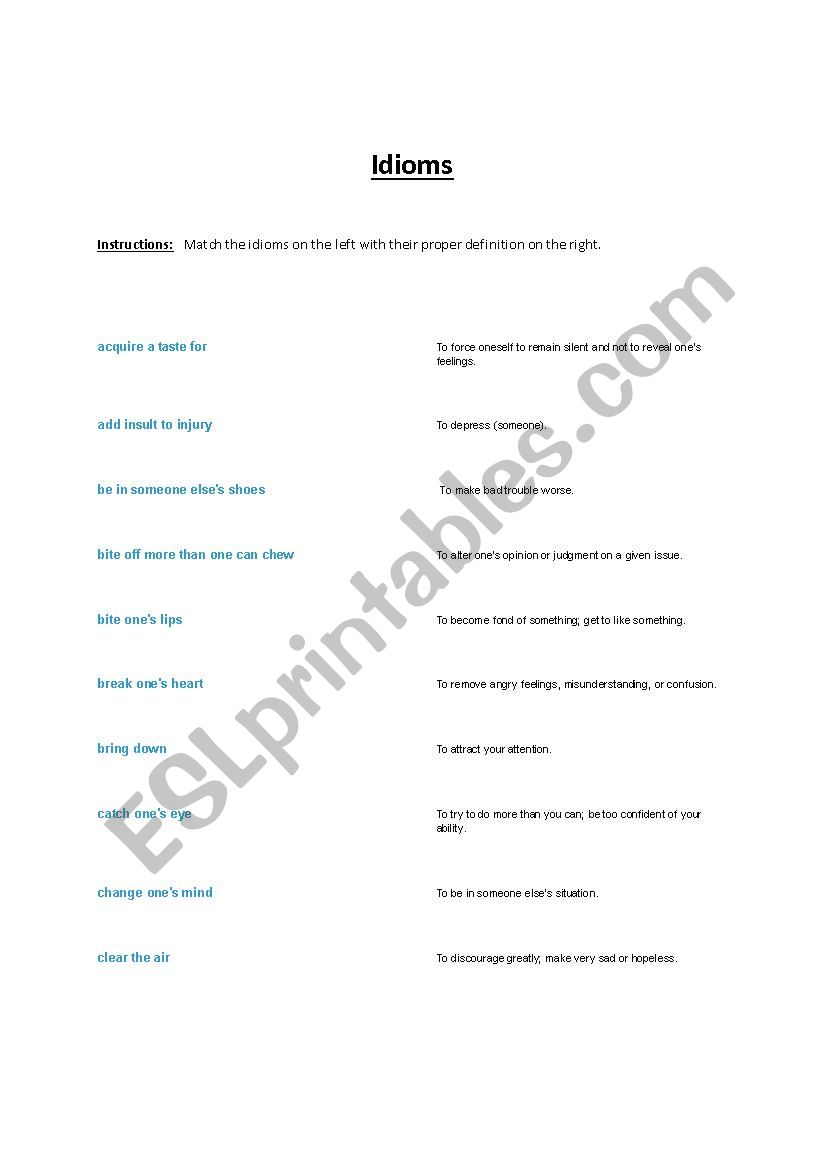 Idioms Worksheet worksheet