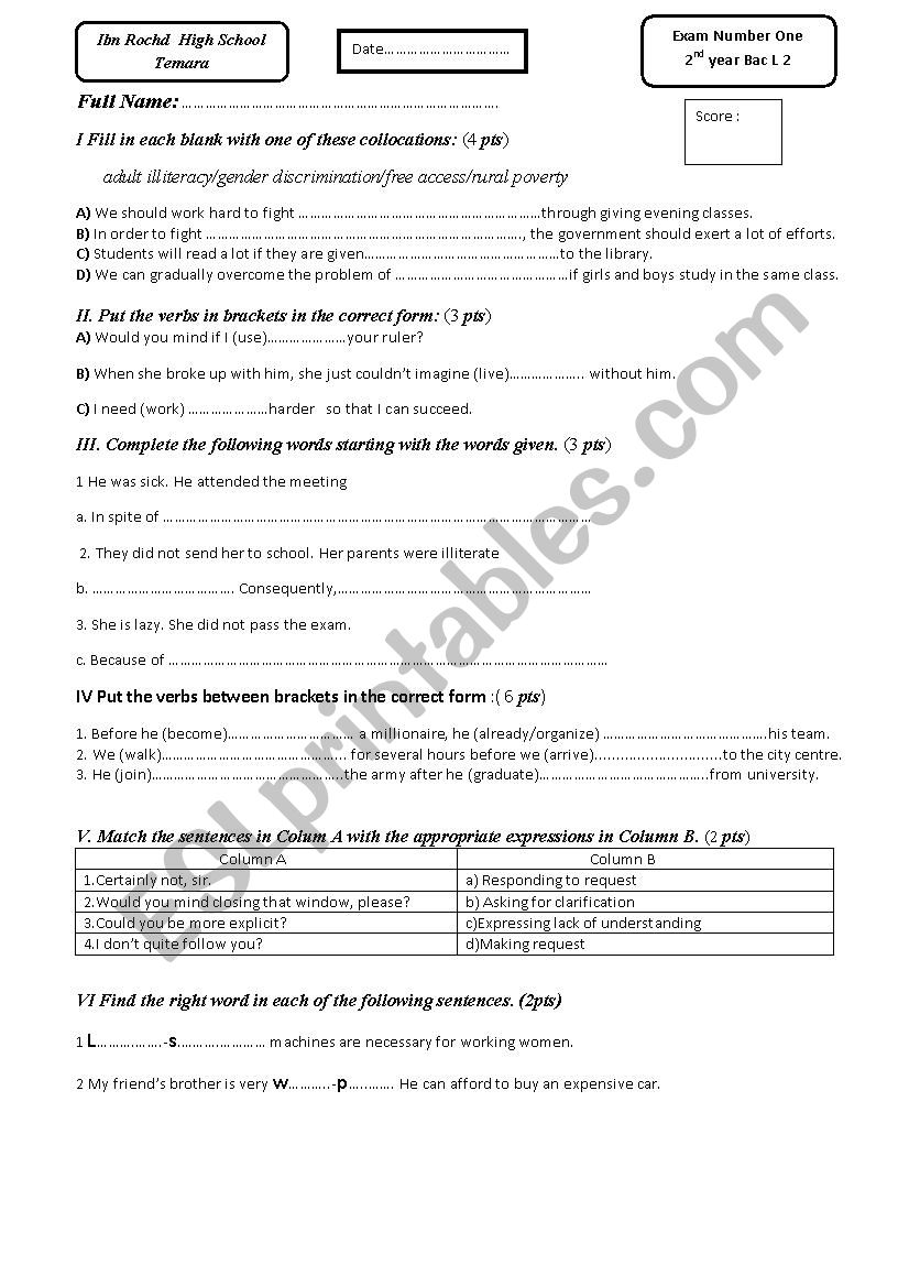 Language Test For Moroccan 2 Year Bac classes