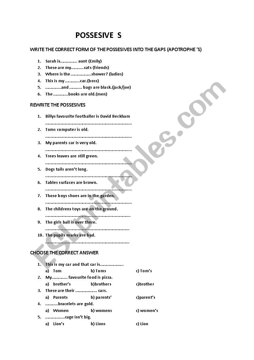 possesive s worksheet