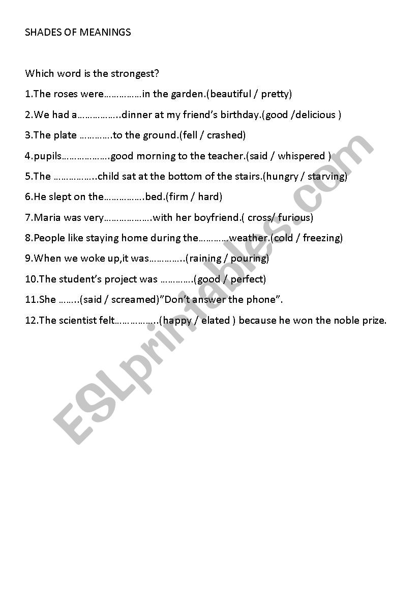 shades of meanings worksheet