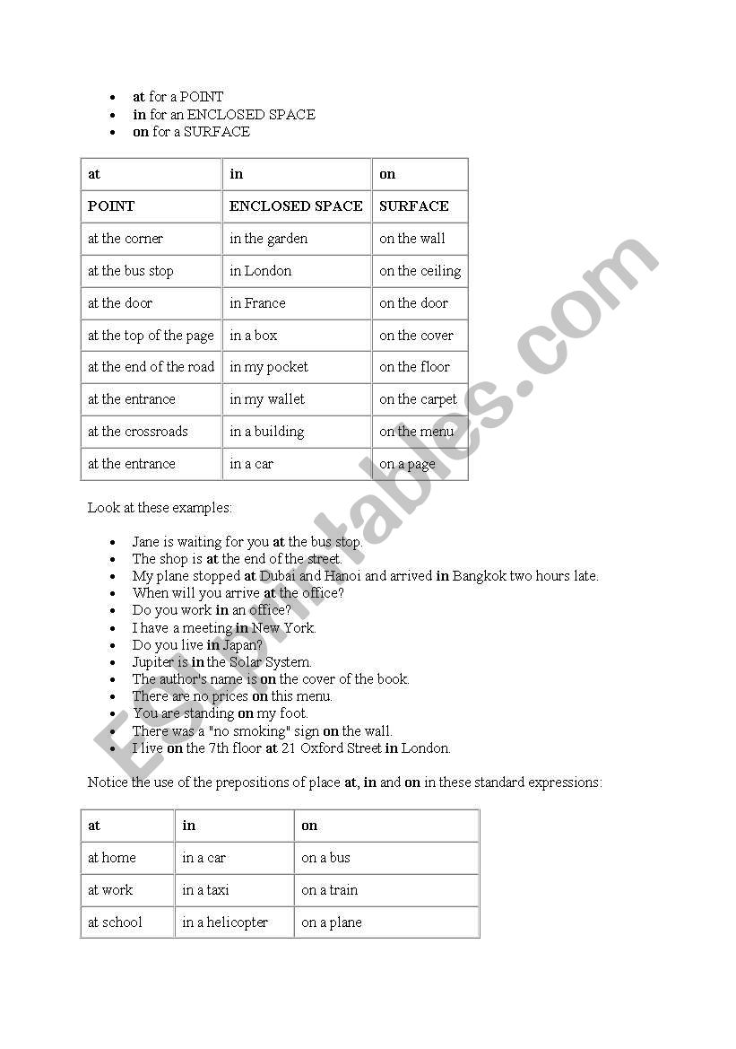 prepositions of place and time