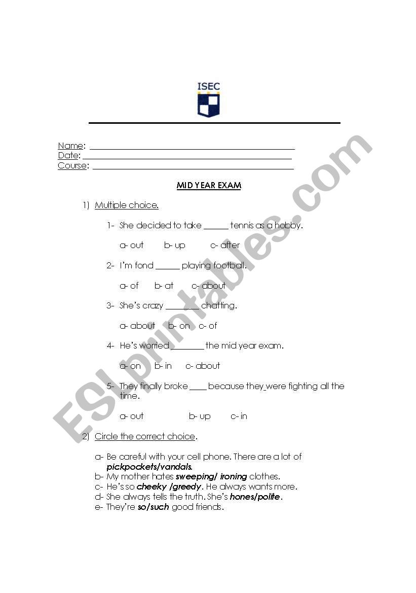 mid year exam worksheet