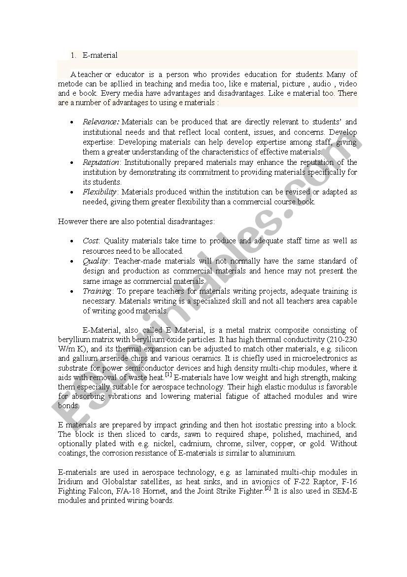 teacher with e material worksheet