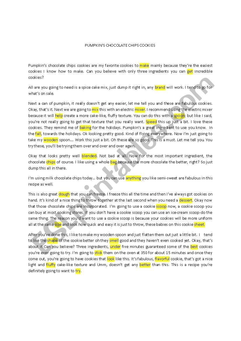 pumpkin recipe worksheet