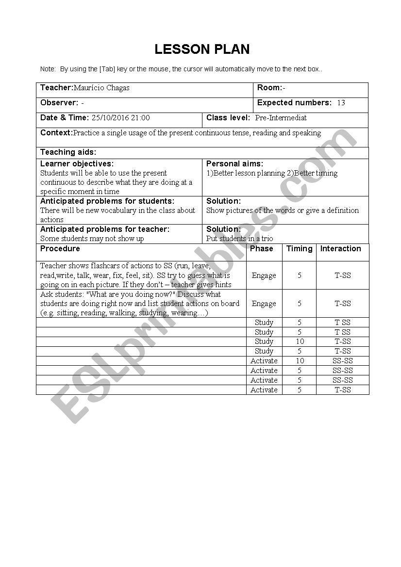 Lesson Plan Present COntinuous