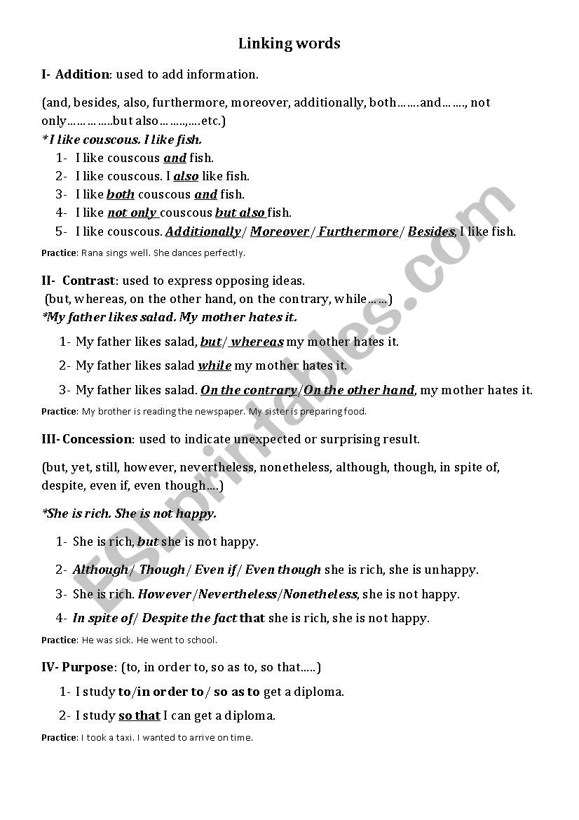 Linking words worksheet