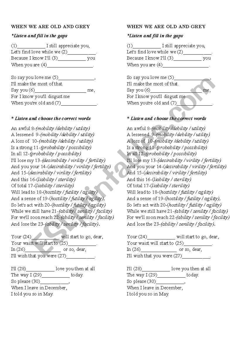 When we are old and grey worksheet
