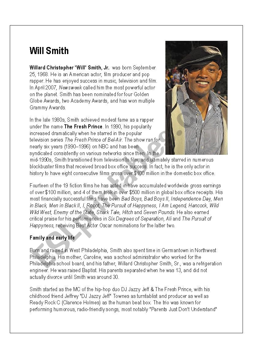 will smith biography worksheet