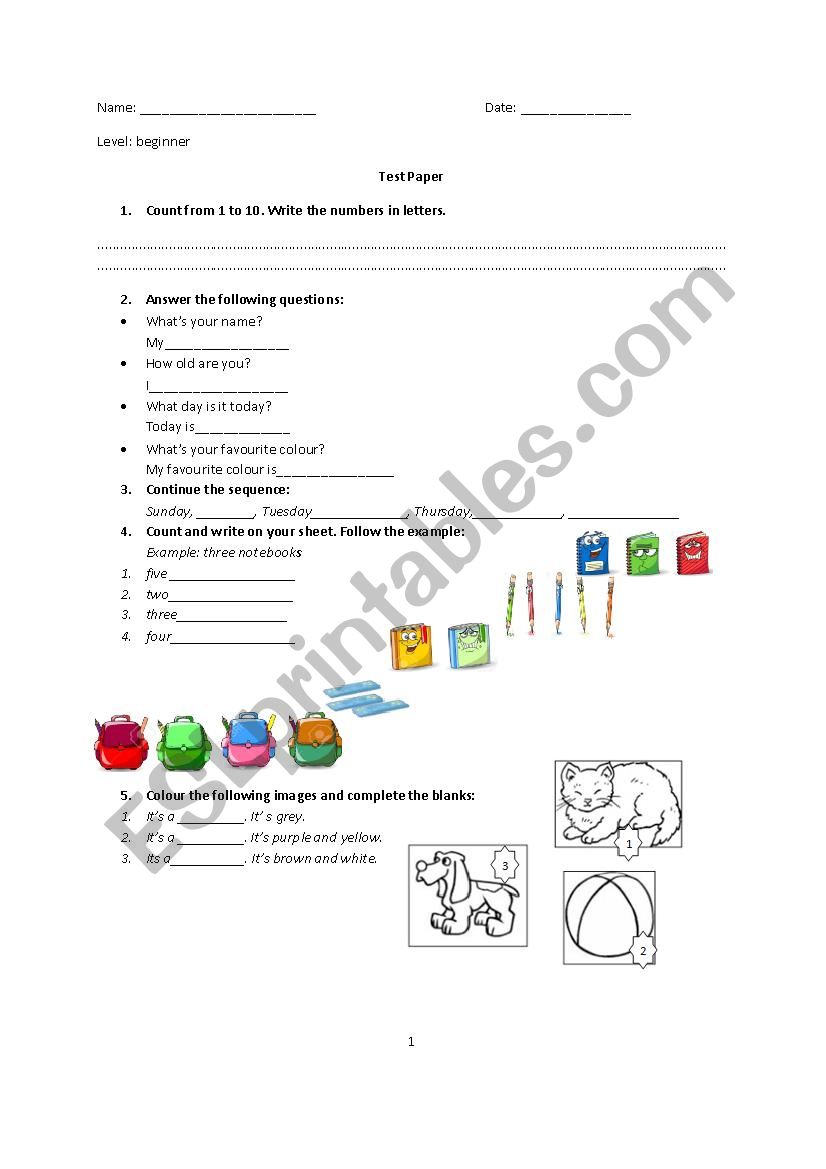 Test Paper 1st grade worksheet