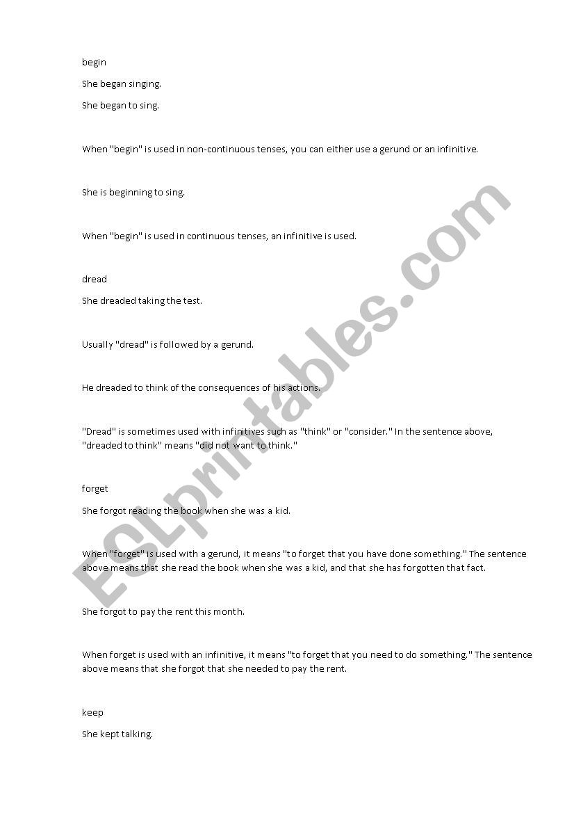 Gerund vs infinitive worksheet