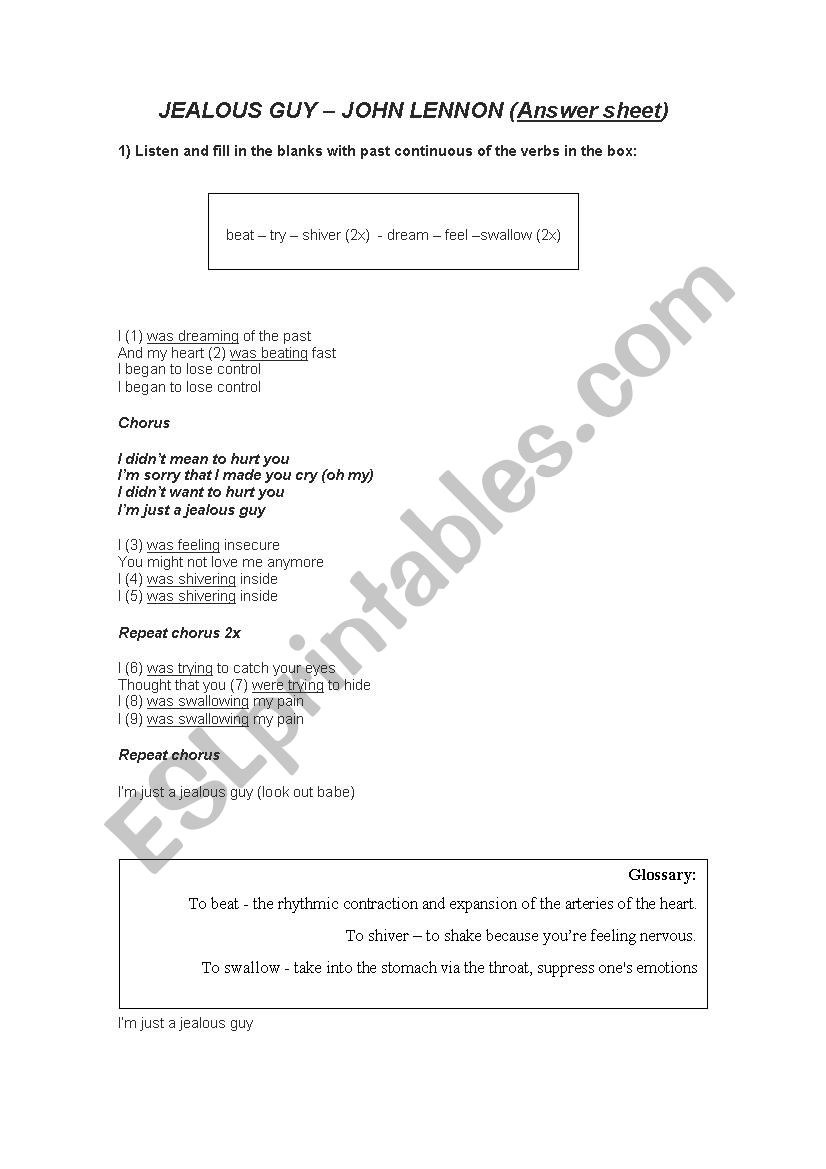 Jealous Guy John Lennon worksheet