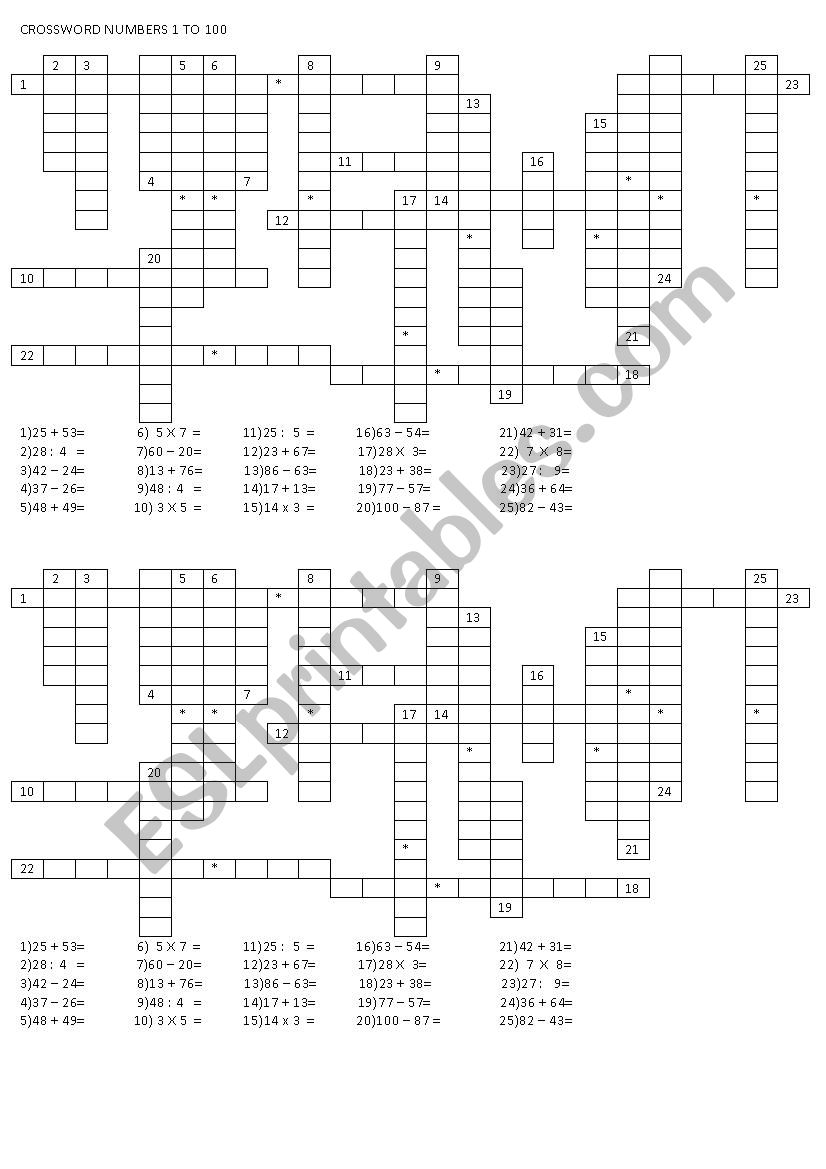 CROSSWORD NUMBERS 1 TO 100 worksheet