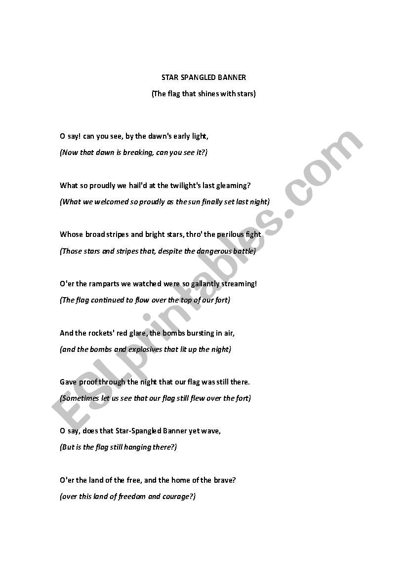 Star Spangled Banner Worksheets and Quiz