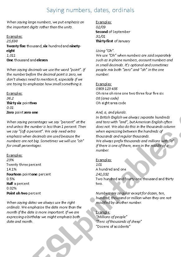 Saying numbers, dates and ordinals