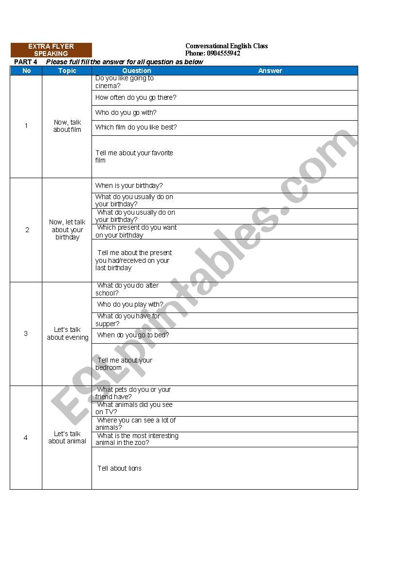 speaking card worksheet