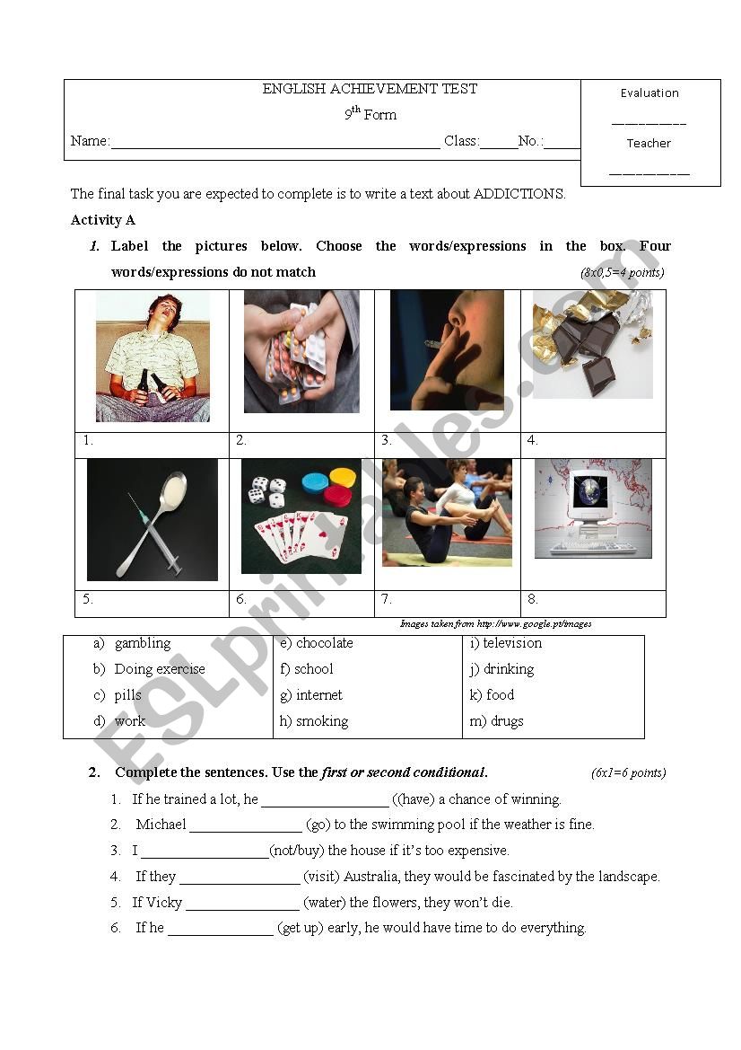 Addictions  worksheet