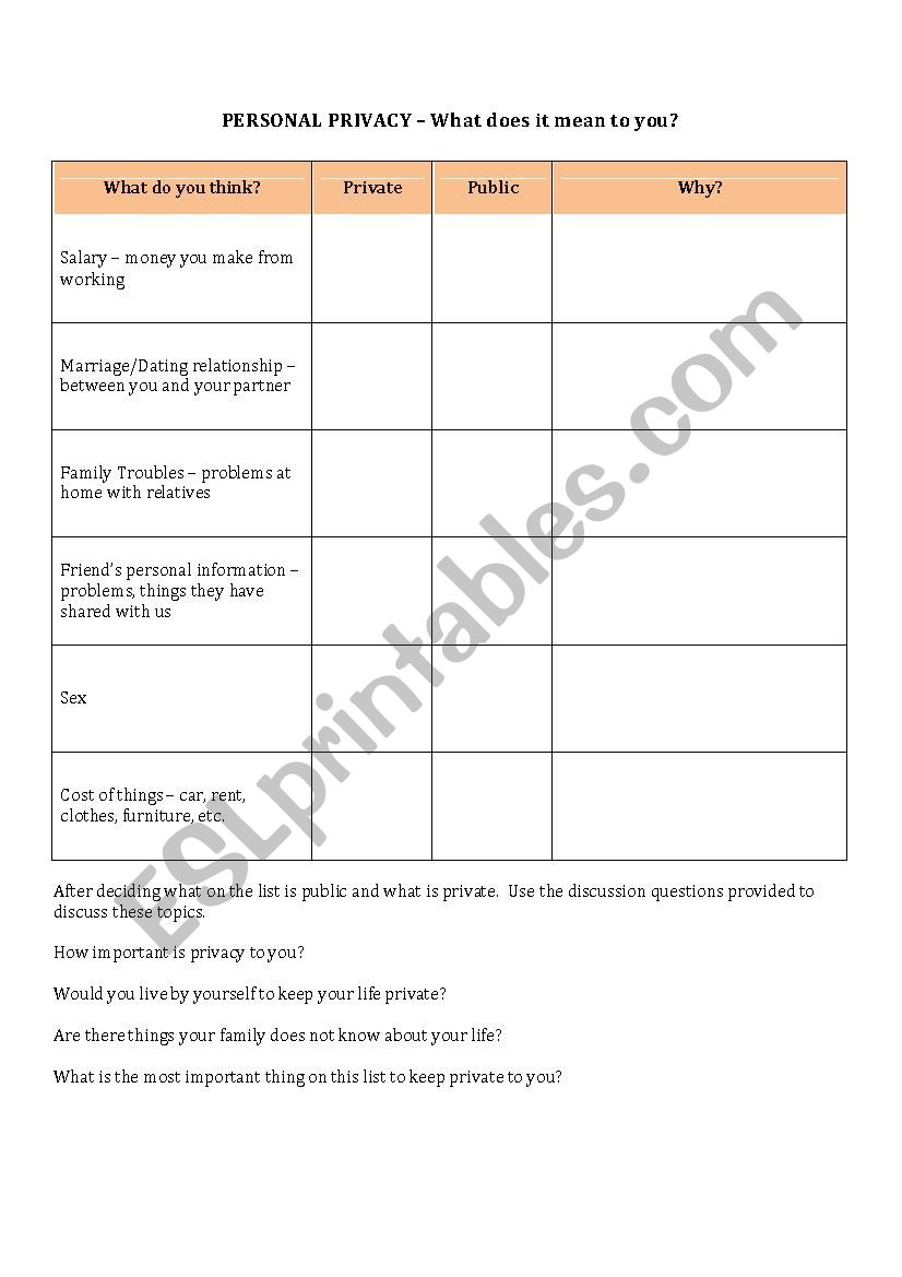 Personal Privacy worksheet