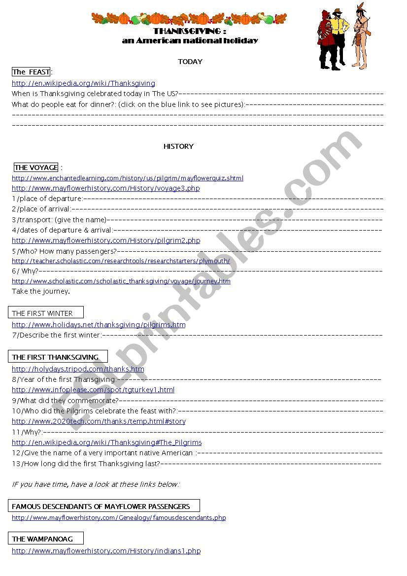 Thanksgiving webquest worksheet