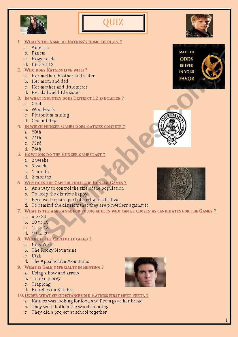 The Hunger Games - a quiz  worksheet